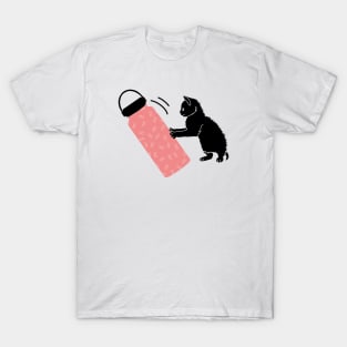Black kitten and pink water bottle T-Shirt